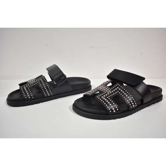 Hermes Chypre Sandal Black Silver Studded Stud H Logo Slide Slip On Flat 37.5 - Picture 9 of 12